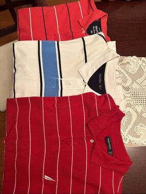Nautica Red, White & Blue & Coral Striped Polo Trio